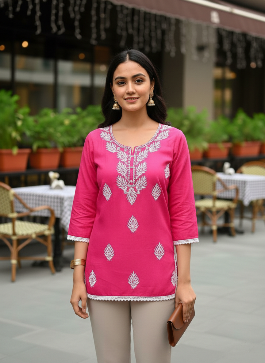 Pink Ethnic Motifs Embroidered Chikankari Straight Kurti - with Round Neck and Cotton Blend Fabric