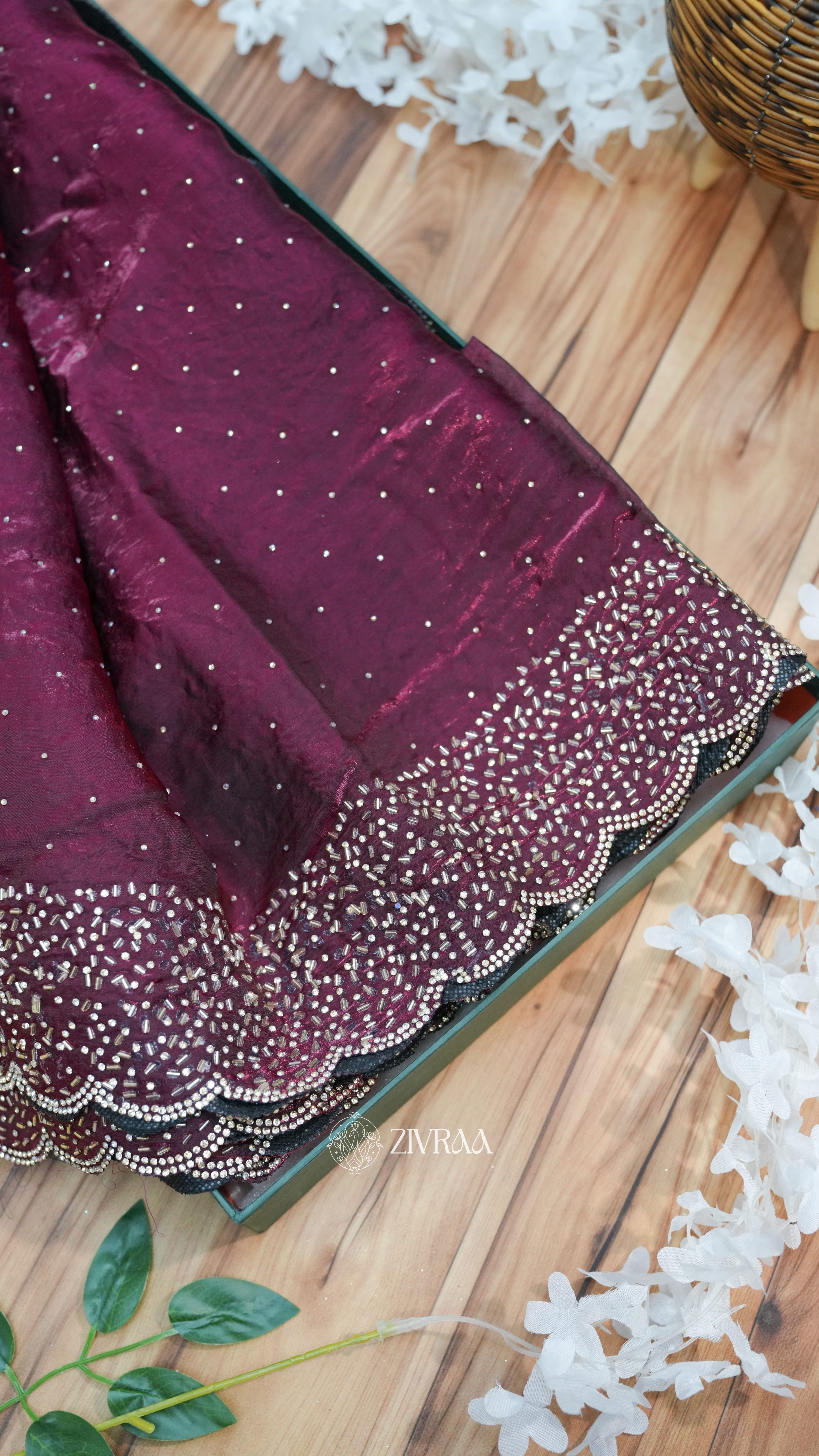 Elegant Red Hand-Embellished Saree with Scalloped Border