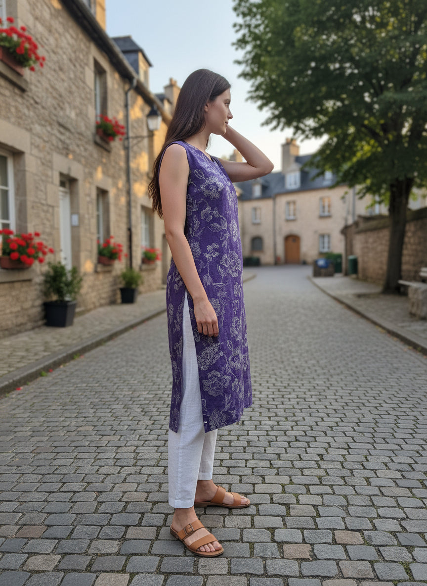 Purple Floral Printed Straight Kurti with V-Neck - and Sleeveless Everyday Cotton Blend Design