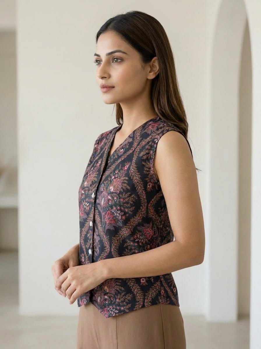 Black Floral Printed Sleeveless Short Kurti with Front Buttons – Stylish Ethnic Casual & Office Wear Top