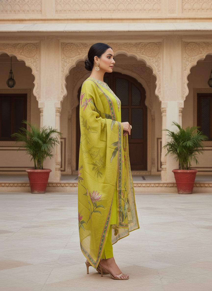 Women’s Lime Green Embroidered Kurta with Trousers & Dupatta – Elegant Ethnic Suit Set