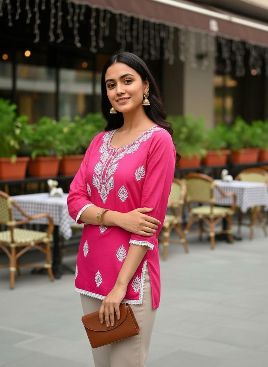 Pink Ethnic Motifs Embroidered Chikankari Straight Kurti - with Round Neck and Cotton Blend Fabric