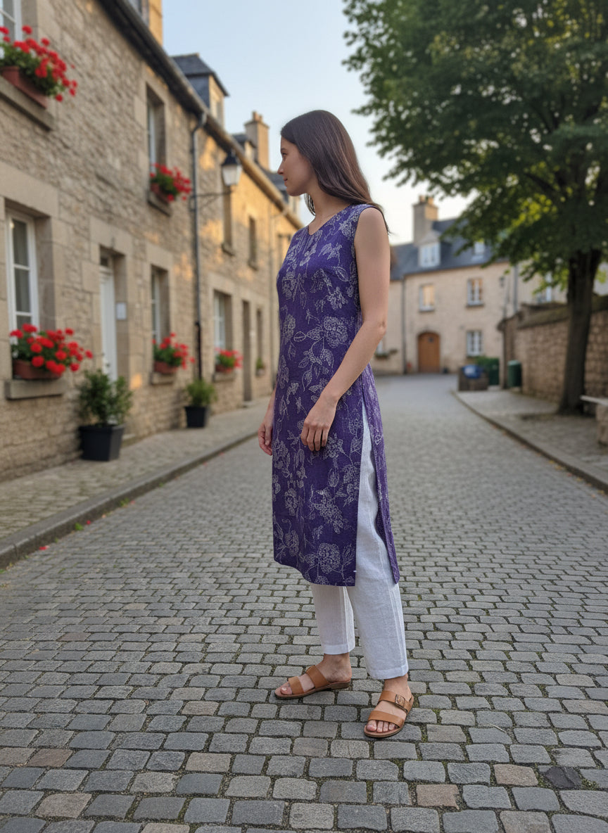 Purple Floral Printed Straight Kurti with V-Neck - and Sleeveless Everyday Cotton Blend Design