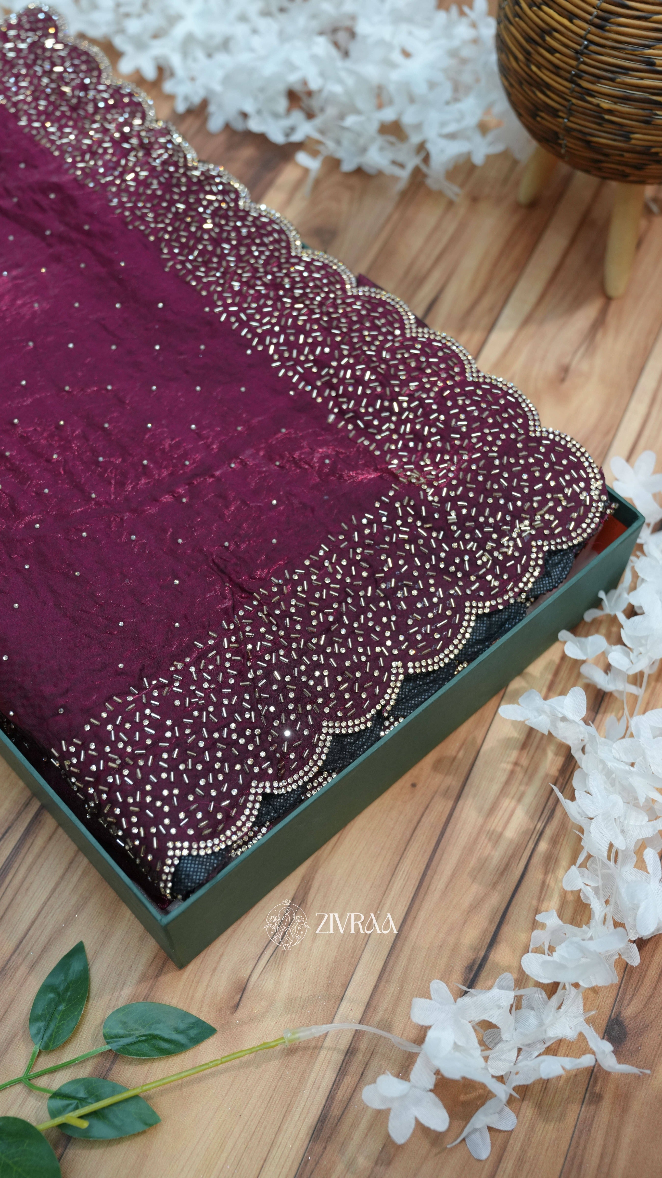 Festive Rani Saree with siroski Scalloped Border