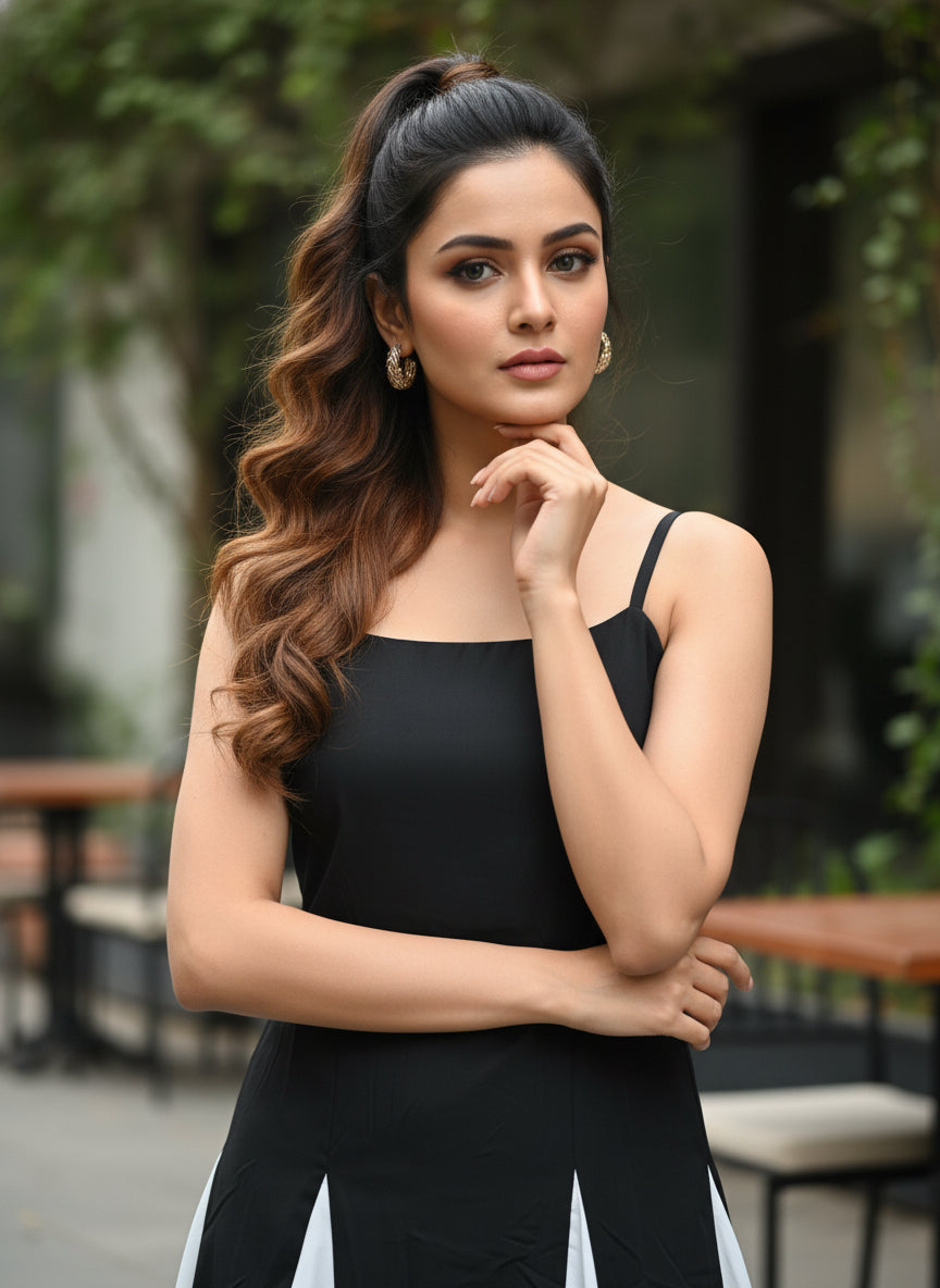 Black & White Long Kurta for Women – Sleeveless A-Line Flared Kurta for Party, Festive & Casual Wear