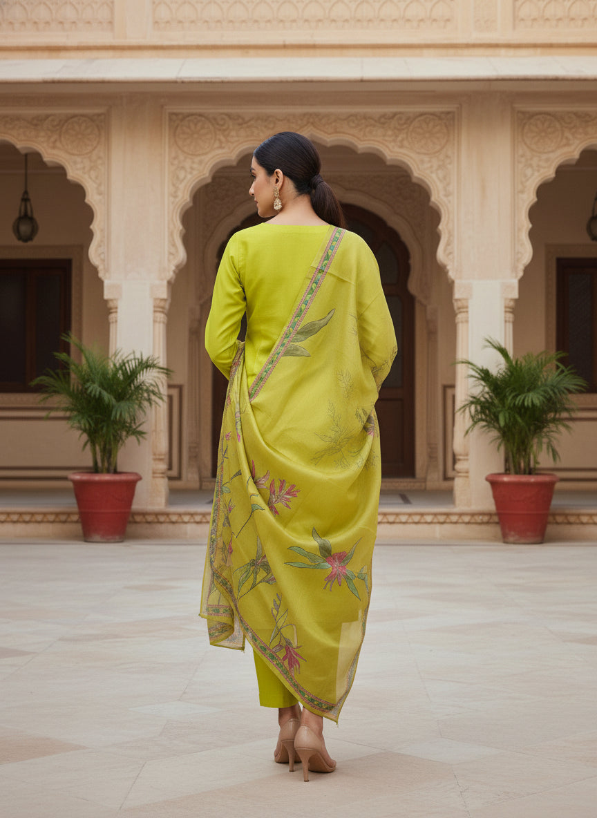 Women’s Lime Green Embroidered Kurta with Trousers & Dupatta – Elegant Ethnic Suit Set