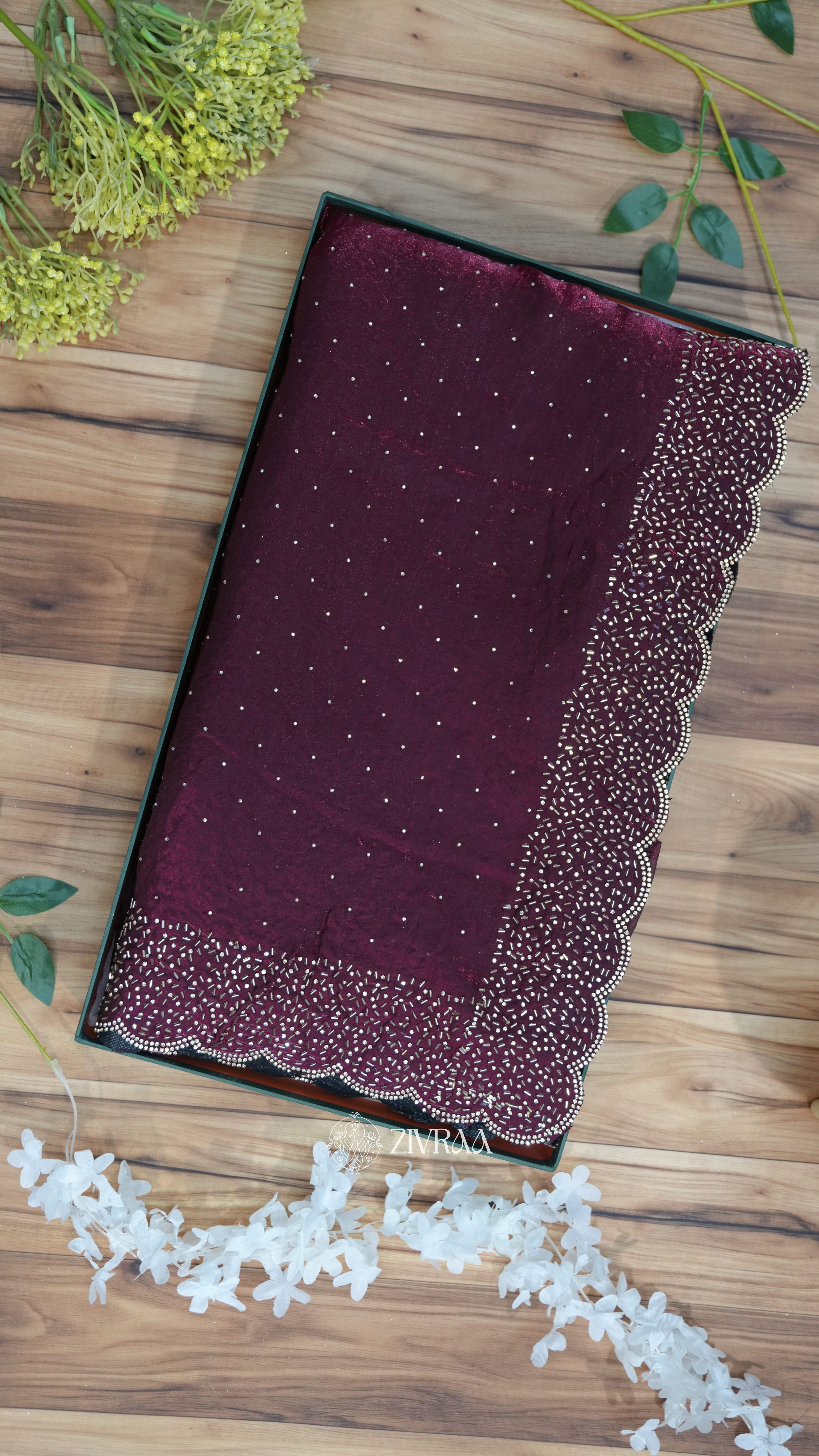 Elegant Red Hand-Embellished Saree with Scalloped Border