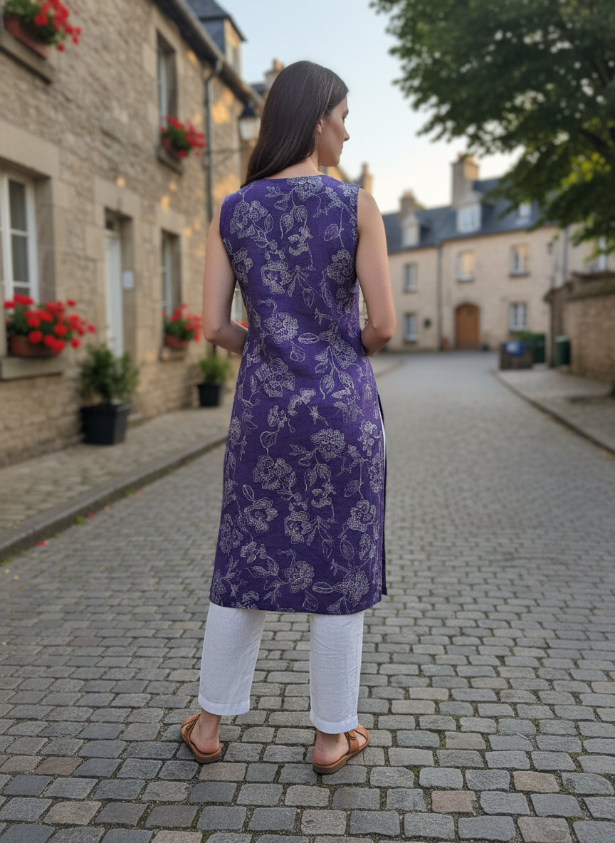 Purple Floral Printed Straight Kurti with V-Neck - and Sleeveless Everyday Cotton Blend Design