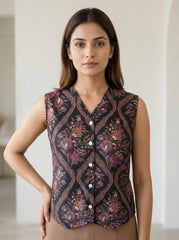 Black Floral Printed Sleeveless Short Kurti with Front Buttons – Stylish Ethnic Casual & Office Wear Top