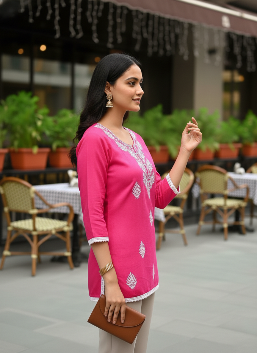 Pink Ethnic Motifs Embroidered Chikankari Straight Kurti - with Round Neck and Cotton Blend Fabric
