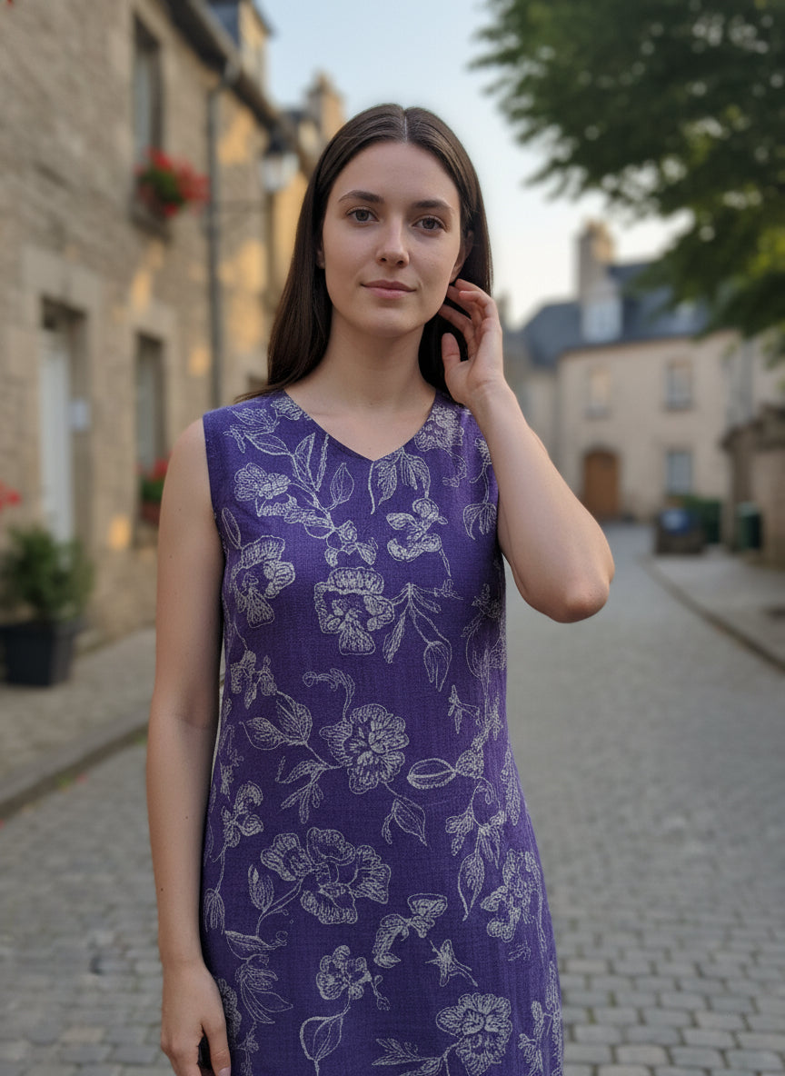 Purple Floral Printed Straight Kurti with V-Neck - and Sleeveless Everyday Cotton Blend Design