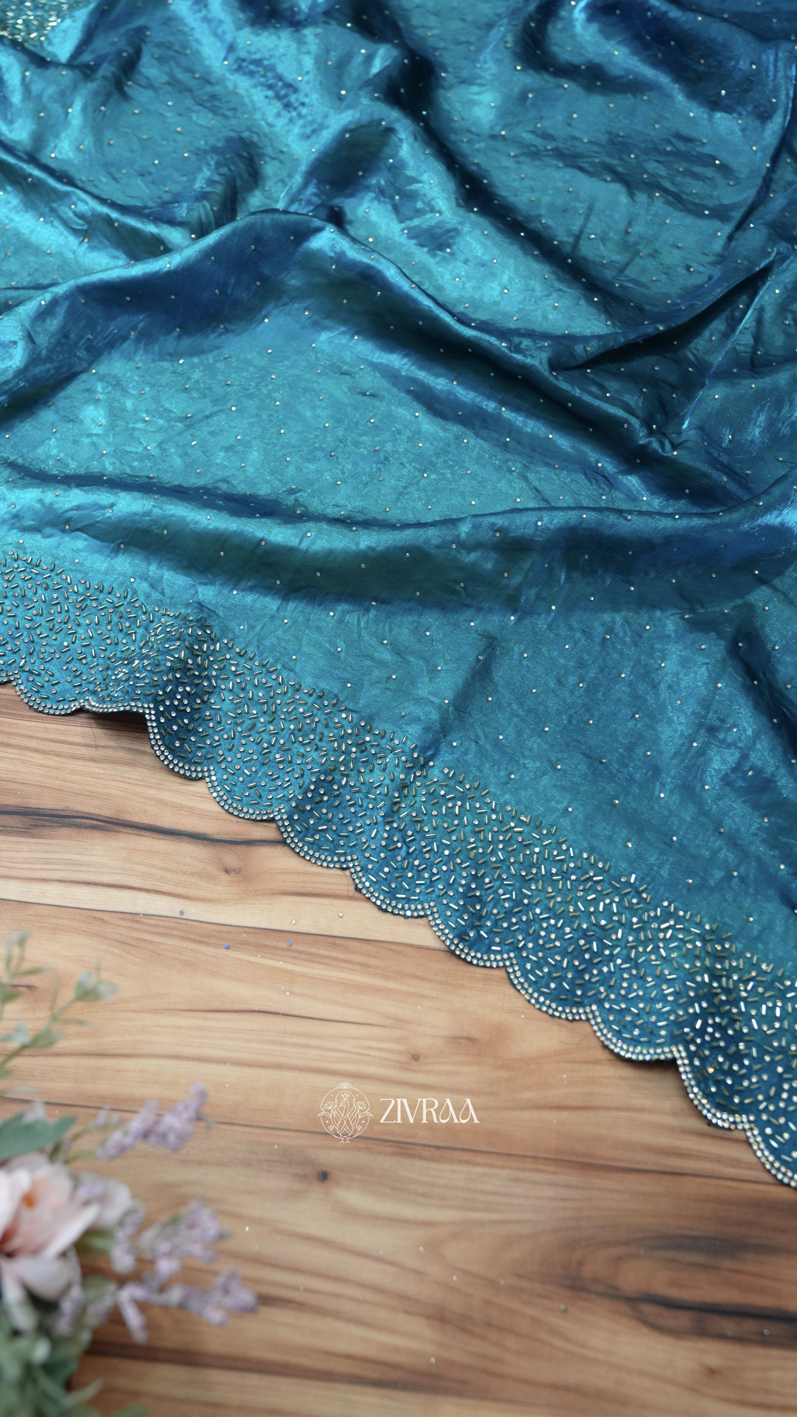 Elegant Red Hand-Embellished Saree with Scalloped Border