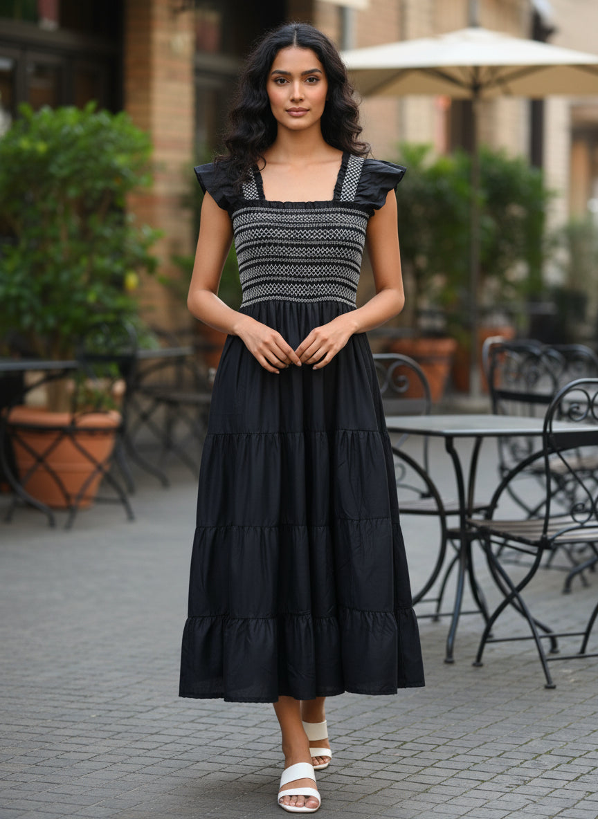 Women’s Black Smocked Tiered Long Kurta Dress with Ruffle Sleeves – Elegant Flared Ethnic Casual & Summer Wear Kurta.