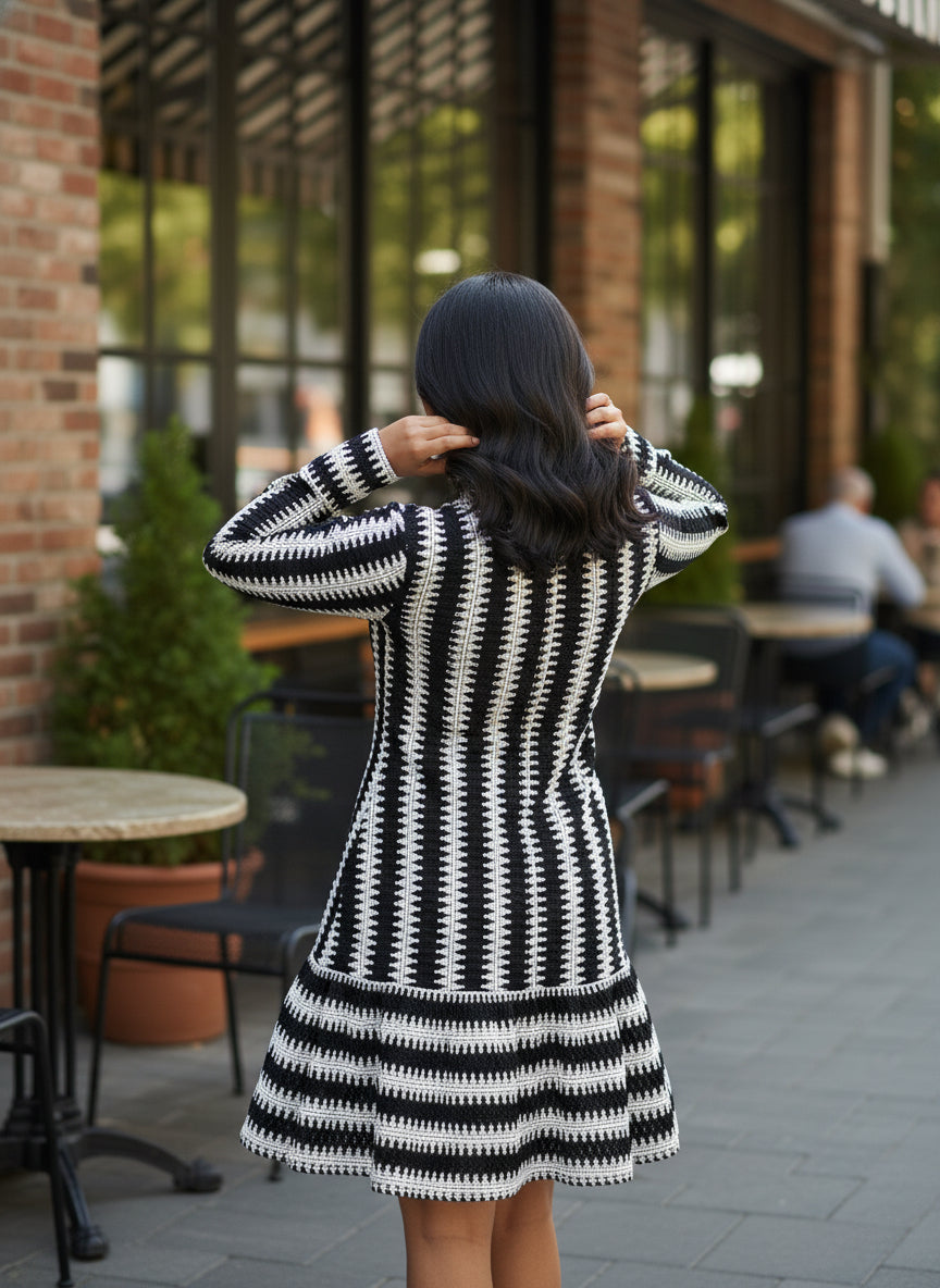 Black & White Striped Kurti for Women – Full Sleeve Short Kurti Dress, Regular Fit Casual Office Wear Ethnic Top