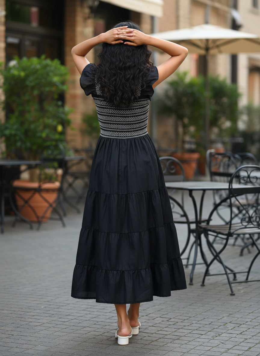 Women’s Black Smocked Tiered Long Kurta Dress with Ruffle Sleeves – Elegant Flared Ethnic Casual & Summer Wear Kurta.