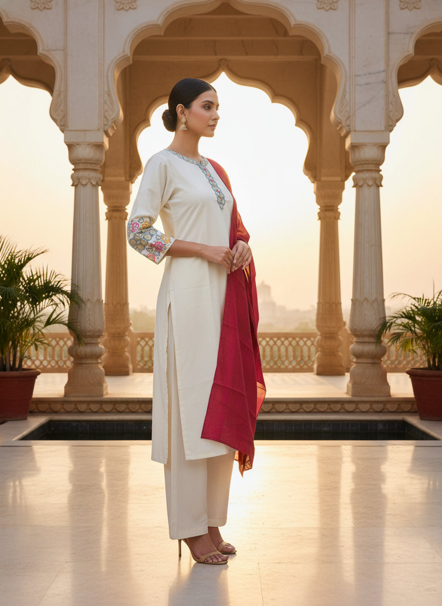 Off-White Ethnic Motifs Embroidered Kurta Set with Palazzos & Contrast Dupatta – Elegant Thread Work Festive Wear for Women