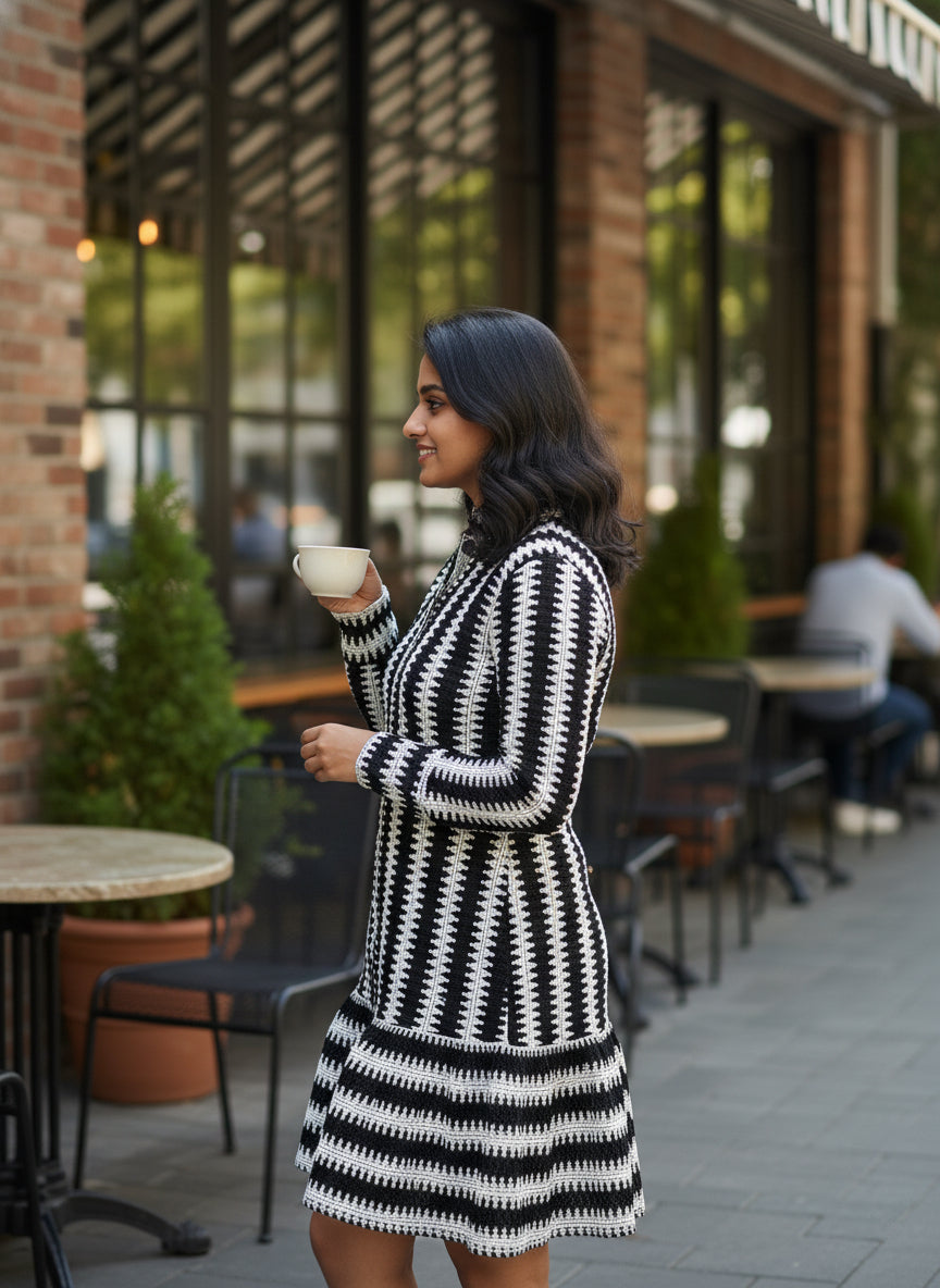 Black & White Striped Kurti for Women – Full Sleeve Short Kurti Dress, Regular Fit Casual Office Wear Ethnic Top