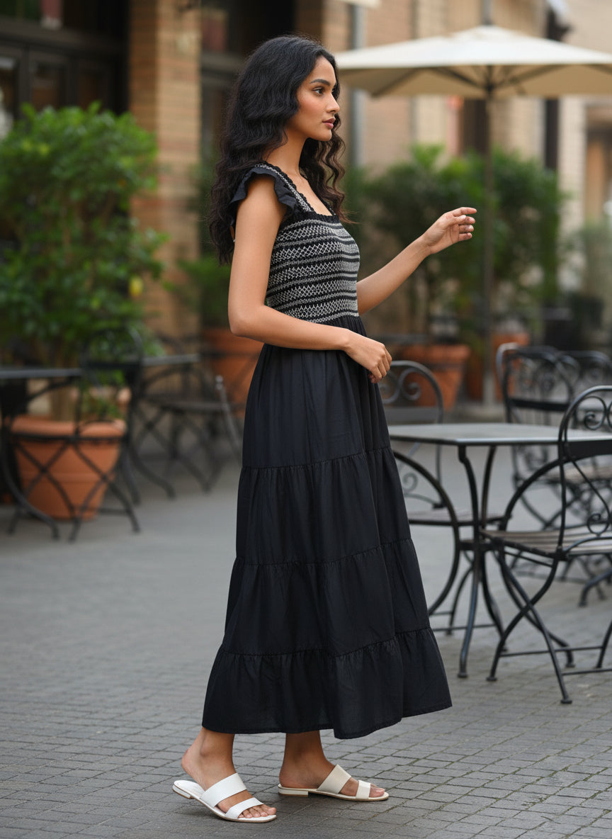 Women’s Black Smocked Tiered Long Kurta Dress with Ruffle Sleeves – Elegant Flared Ethnic Casual & Summer Wear Kurta.
