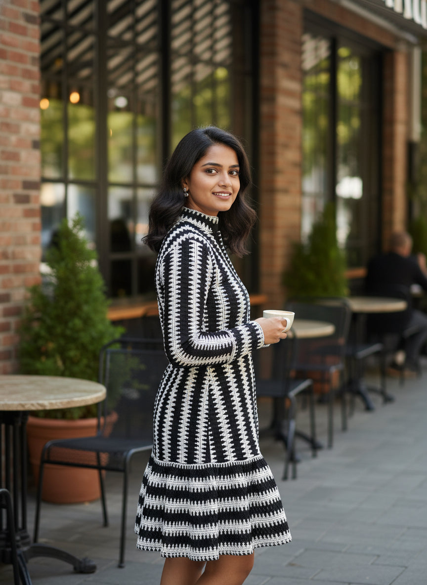 Black & White Striped Kurti for Women – Full Sleeve Short Kurti Dress, Regular Fit Casual Office Wear Ethnic Top