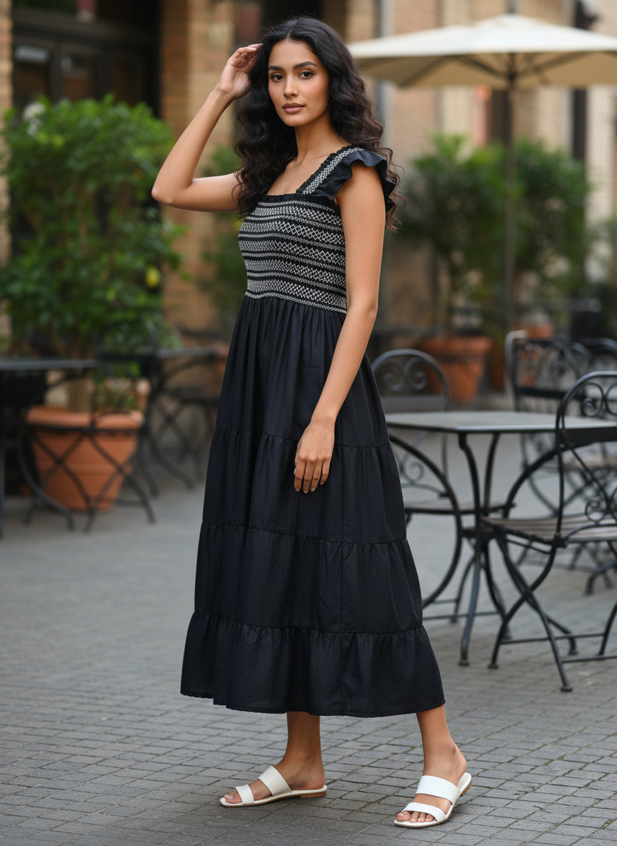 Women’s Black Smocked Tiered Long Kurta Dress with Ruffle Sleeves – Elegant Flared Ethnic Casual & Summer Wear Kurta.