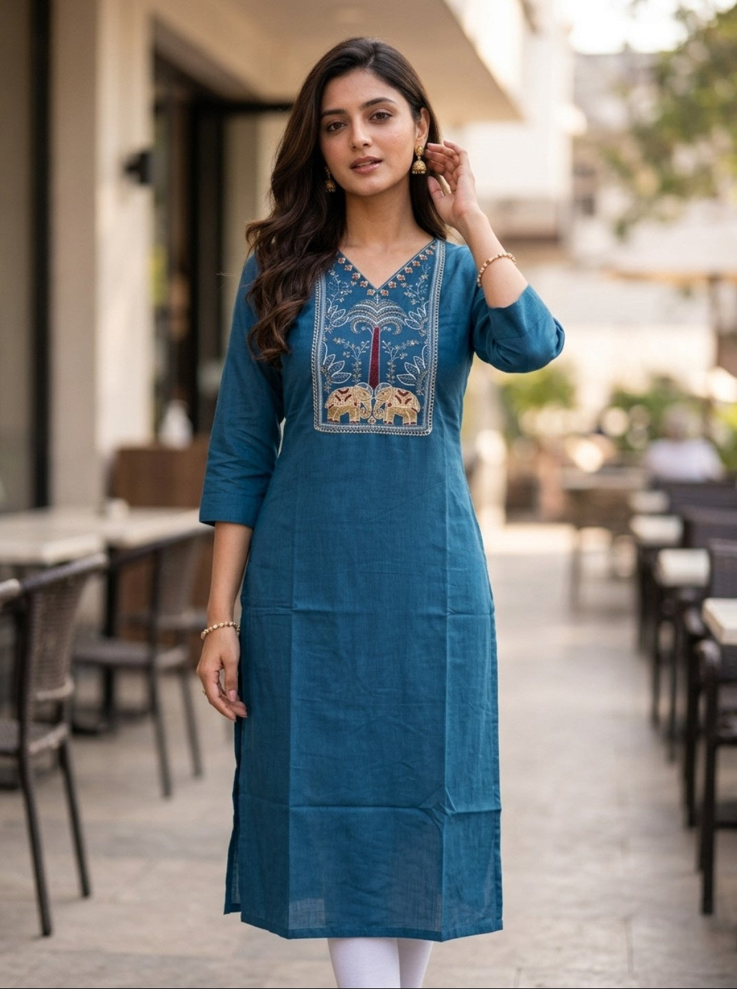 Women Tealblue Embroidered Rayon Slub Straight Kurti | Ethnic Casual Office Wear Kurta