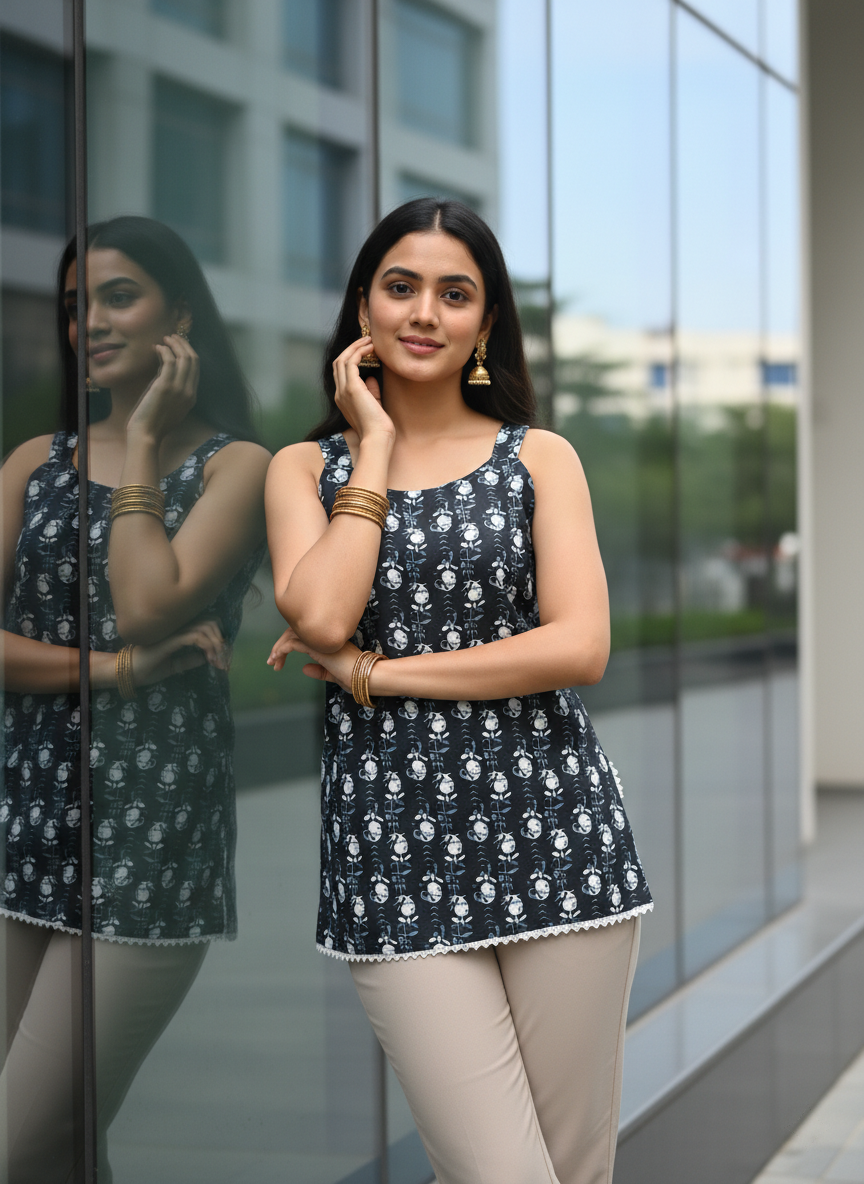 Navy Blue Floral Printed Straight Kurti with Boat Neck - and Sleeveless Cotton Blend Design