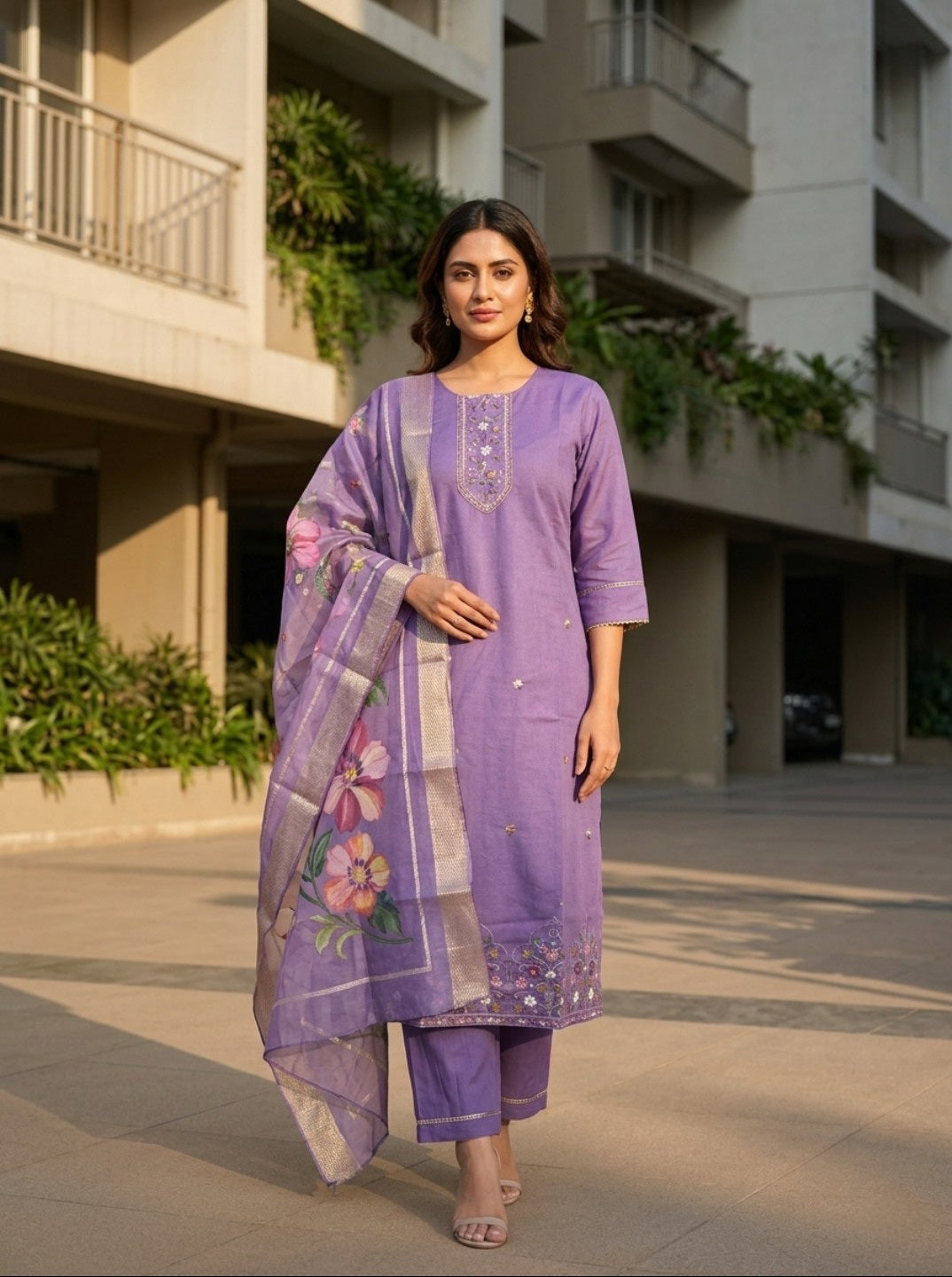 Lavender Roman Silk Embroidered Kurta Pant Set with Floral Organza Chanderi Dupatta | Elegant Ethnic Wear for Women