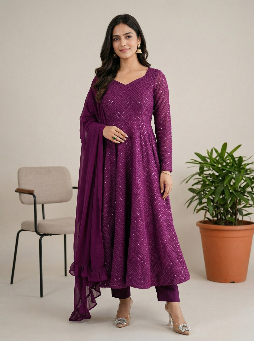 Georgette Anarkali Suit Set with Dupatta | Designer Lucknowi Embroidered Ethnic Wear