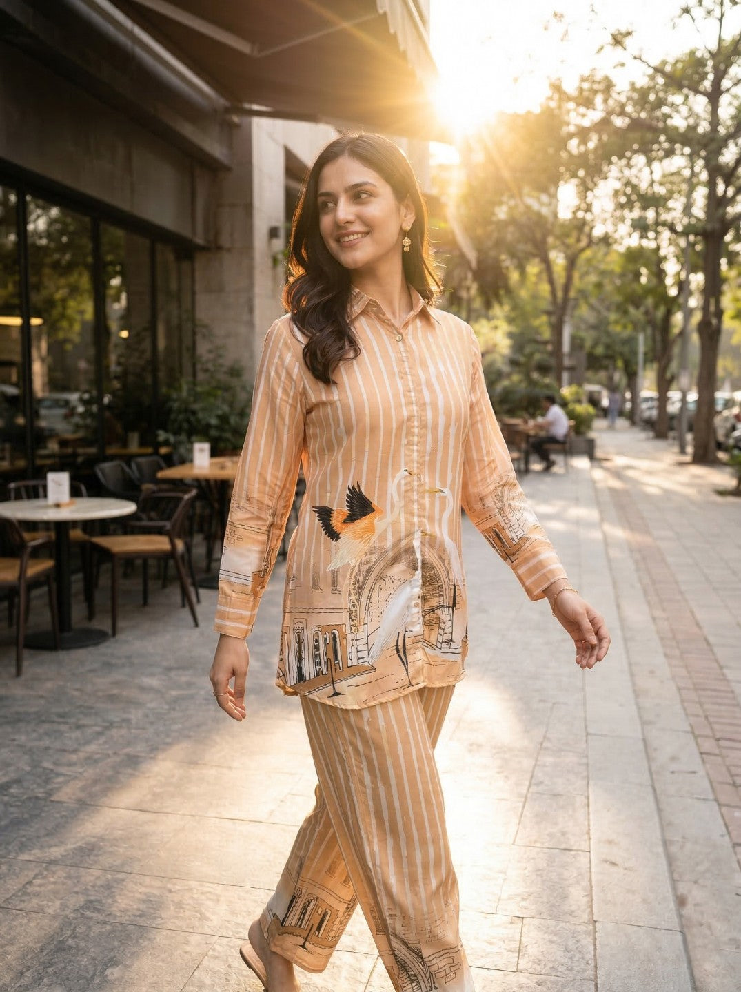 Women Mustard Printed Co-Ord Set | Shirt Style Kurta & Striped Pants | Trendy Casual Ethnic Wear
