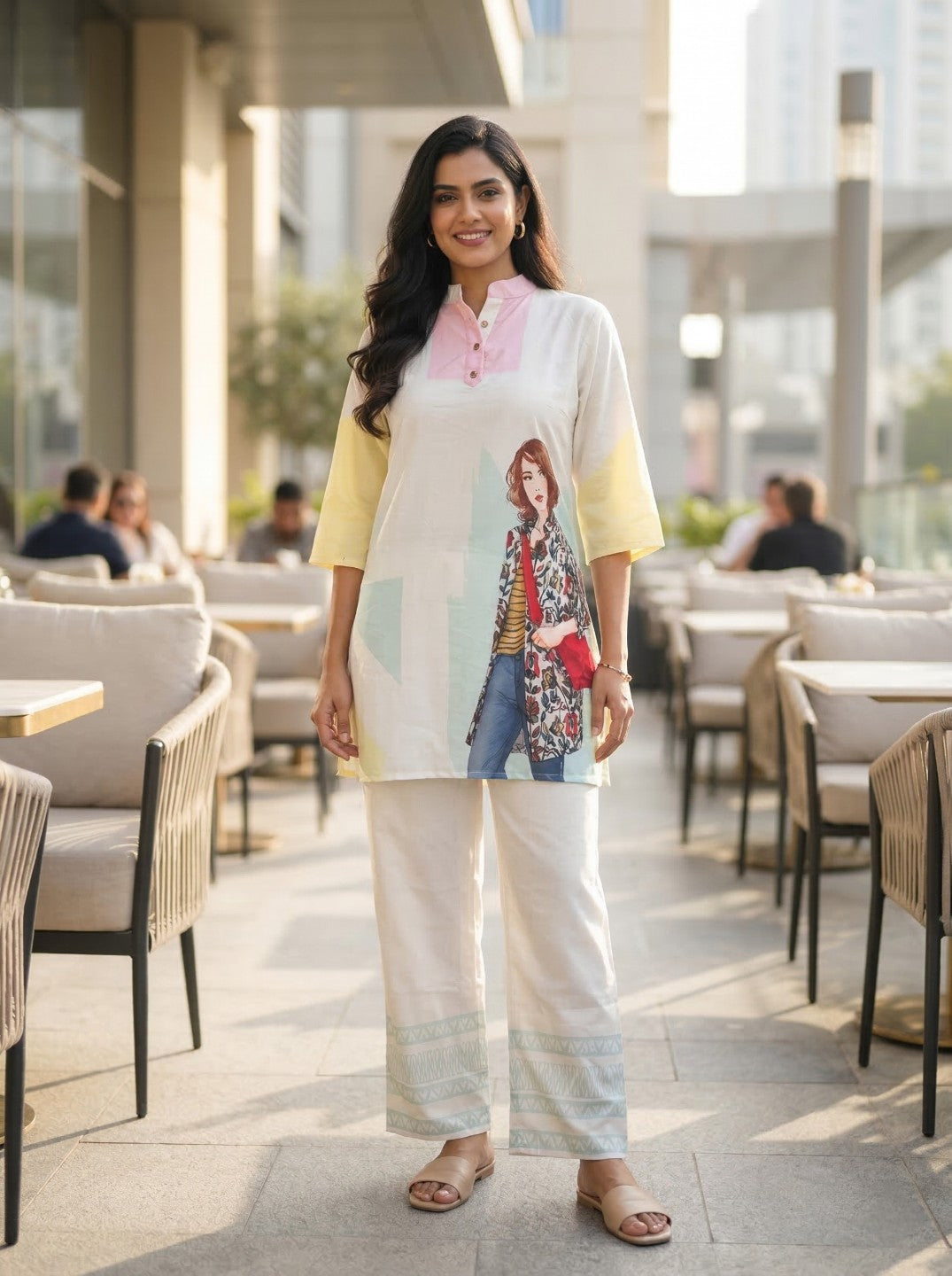 Women White Printed Co-Ord Set | Casual Kurta & Pant Set | Trendy Graphic Ethnic Wear