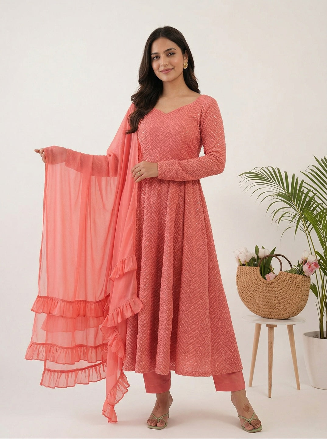 Georgette Anarkali Suit Set with Dupatta | Elegant Lucknowi Embroidery Festive Wear for Women