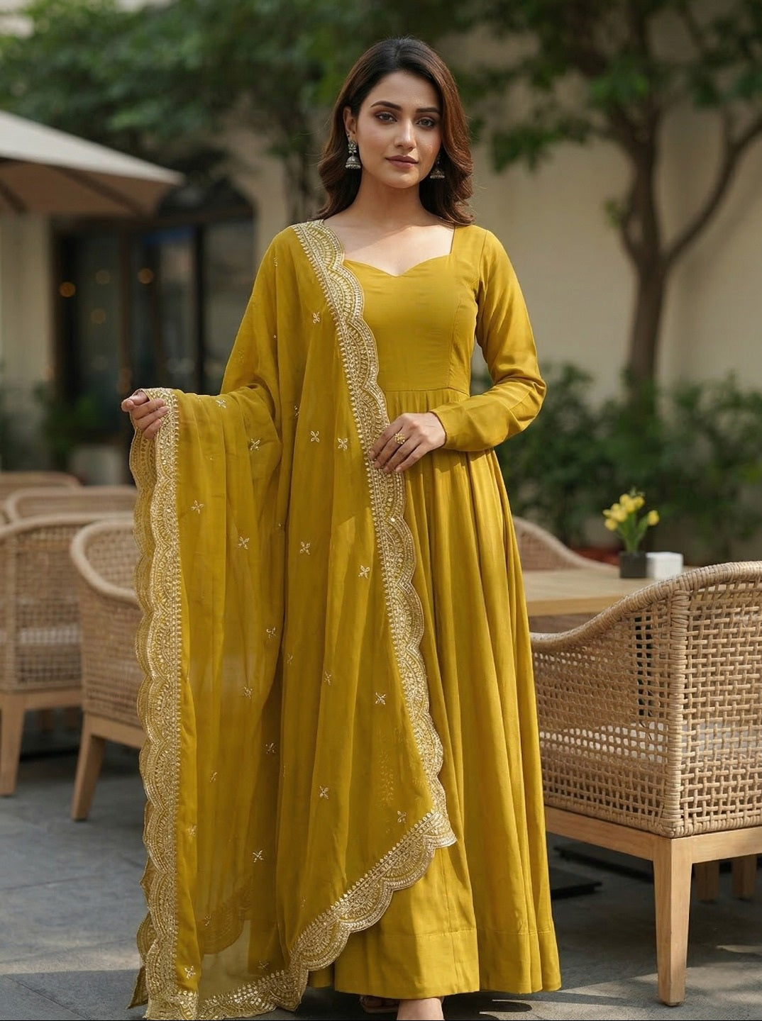 Mustard Roman Silk Chanderi Anarkali Kurta Set with Embroidered Dupatta & Pant | Fully Flared Festive Wear for Women