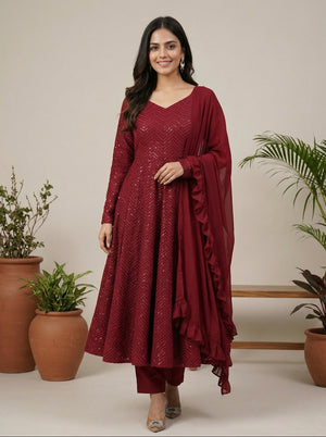 Lucknowi Georgette Anarkali Suit Set with Dupatta | Party Wear Fully Flared Gown Set for Women