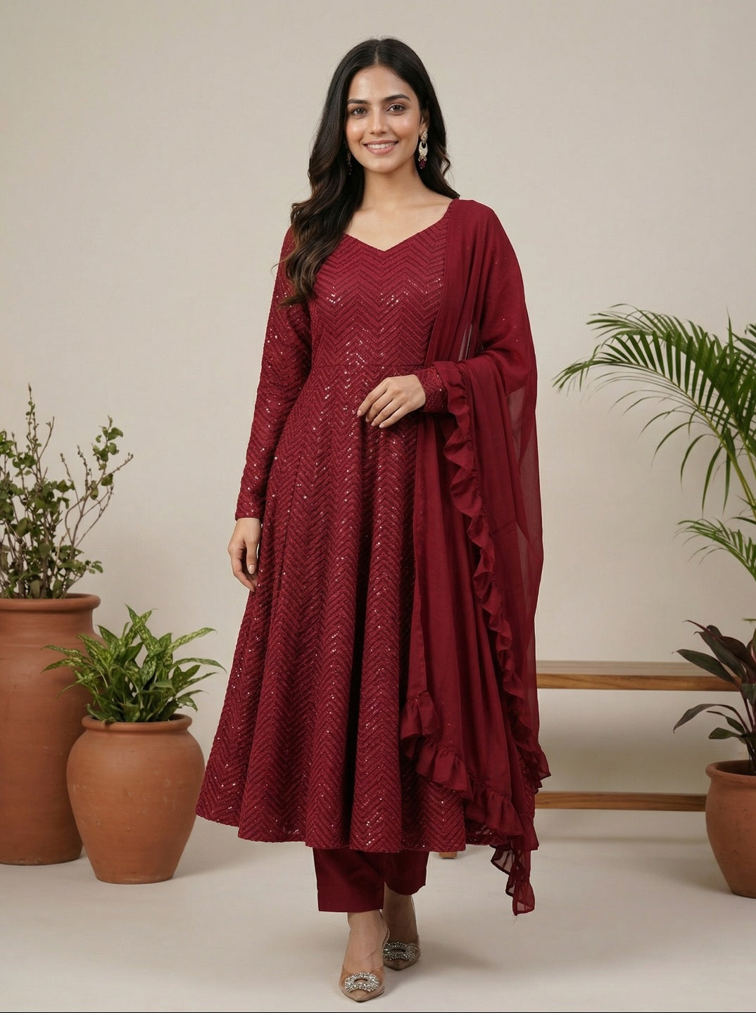 Lucknowi Georgette Anarkali Suit Set with Dupatta | Party Wear Fully Flared Gown Set for Women