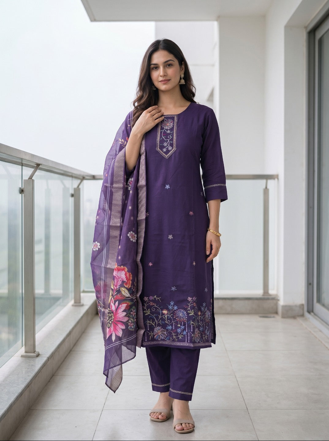 Purple Roman Silk Embroidered Kurta Set with Organza Chanderi Dupatta | Elegant Ethnic 3 Piece Suit Set for Women
