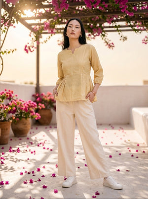 Stylish Linen Cotton Co-Ord Set for Women | Trendy Peplum Top & Straight Pant Summer Outfit