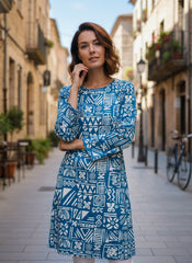 Blue Abstract Printed Straight Kurti for Women – Cotton Blend Round Neck Long Sleeve Casual & Office Wear