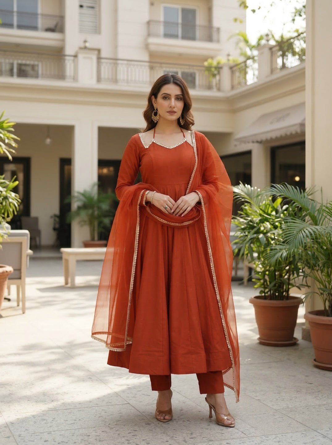 Chanderi Anarkali Kurta Set with Mirror Lace Dupatta | Elegant Ethnic Wear for Women