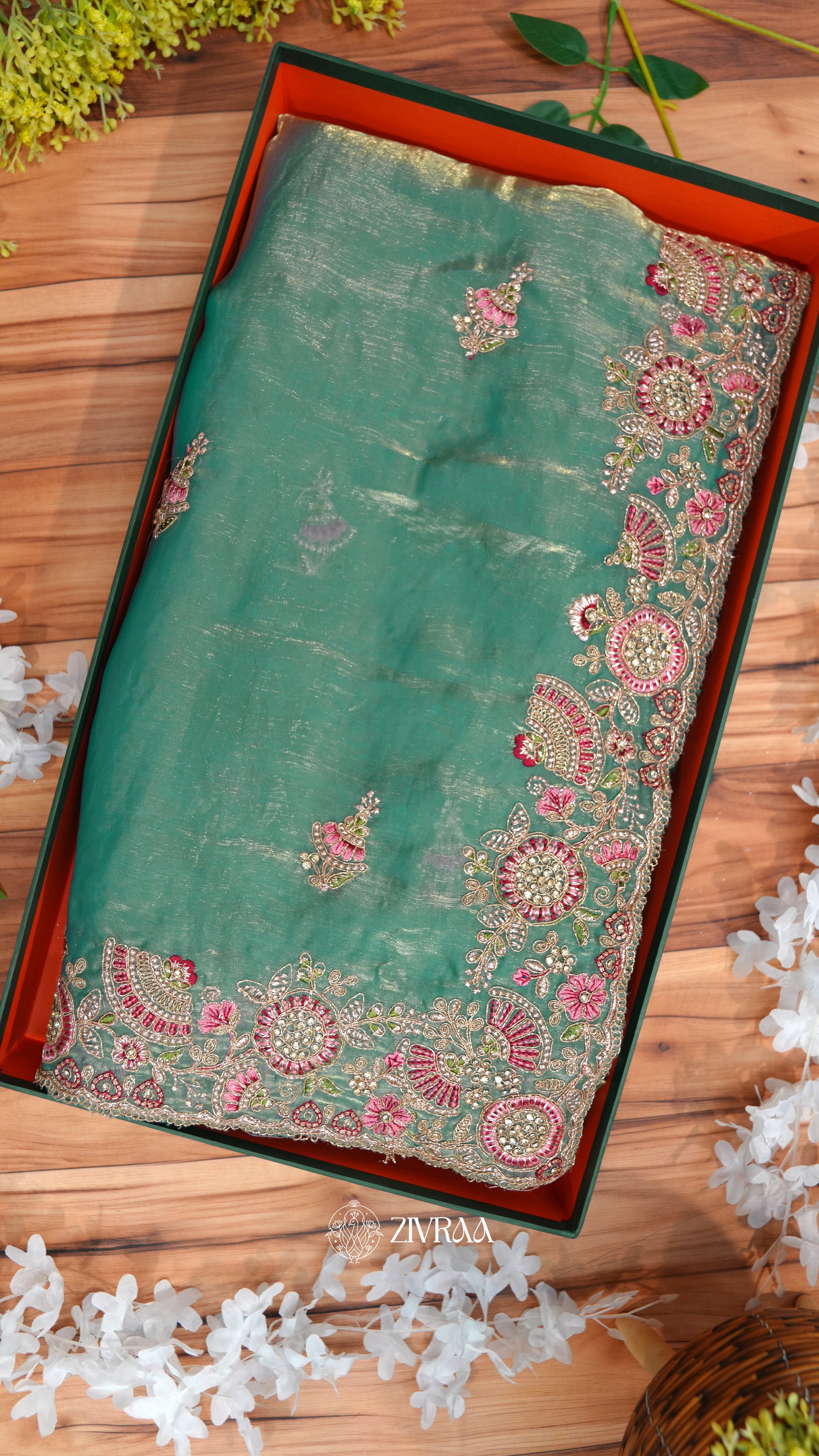 Rust Orange Embroidered Silk Saree with Heavy Floral Border – Designer Party Wear Saree