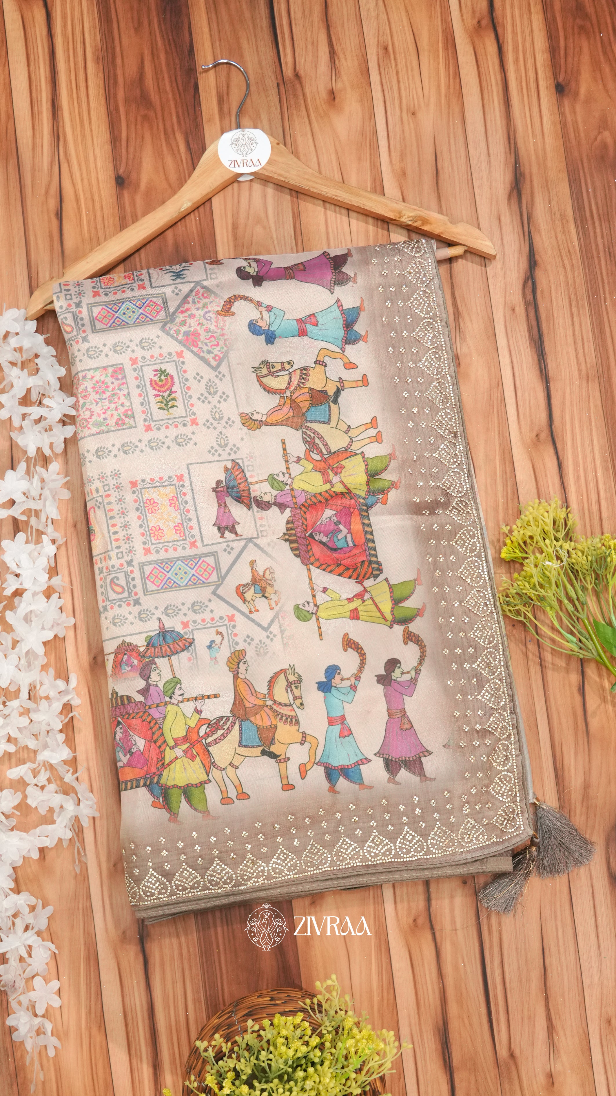 Olive Green Folk Art Printed Saree with Traditional Dance Motif & Embellished Border