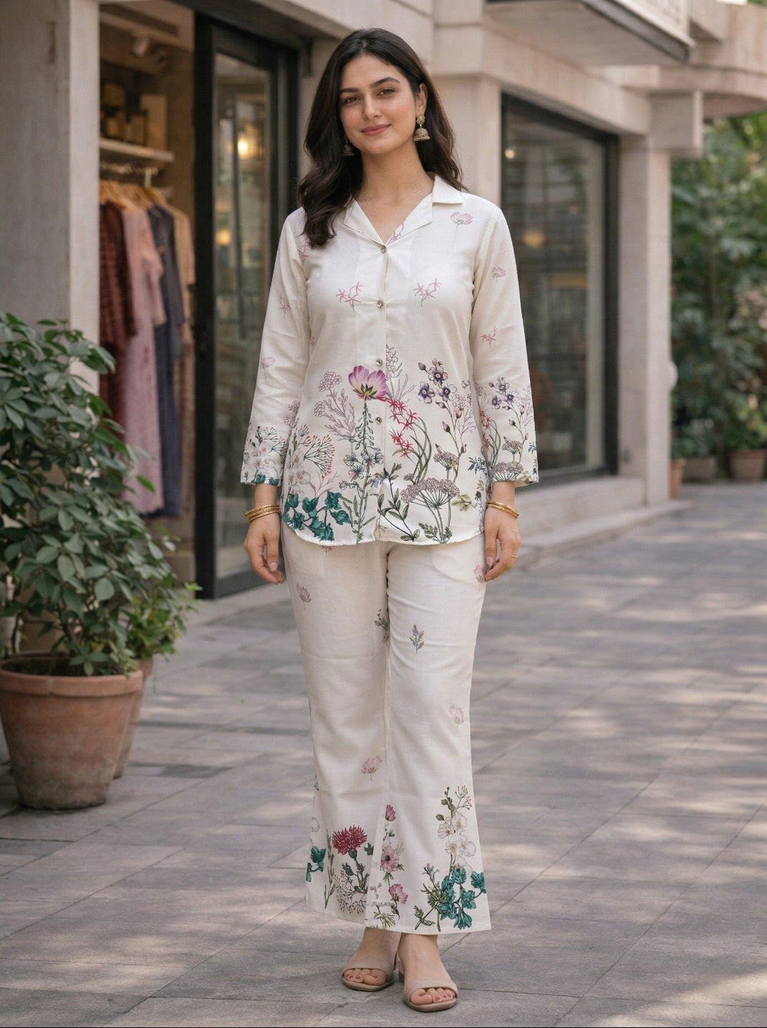 Off White Floral Printed Co-ord Set for Women | Rayon Slub Shirt & Pant Set | Casual Elegant Two Piece Outfit