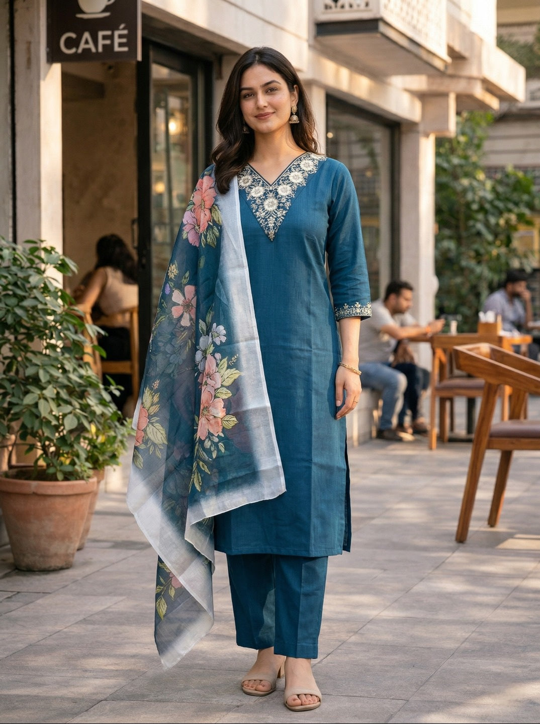 Women Rayon Slub Kurta Set with Chanderi Floral Digital Print Dupatta | Elegant Ethnic Suit Set
