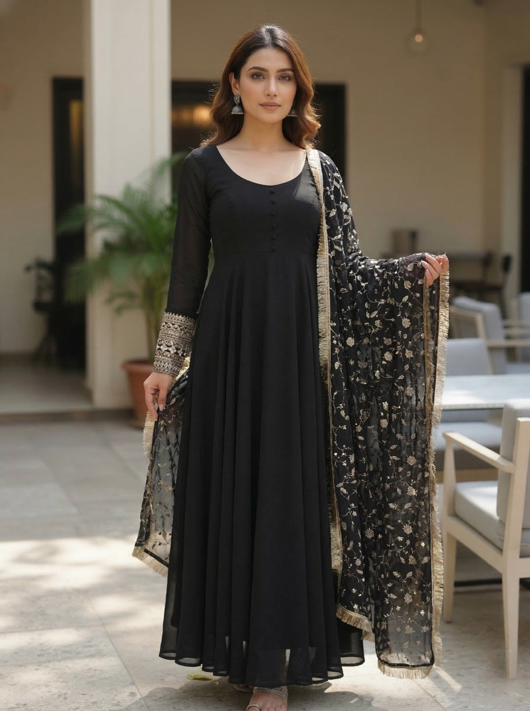Georgette Anarkali Gown Set with Embroidered Dupatta & Pant – Party Wear Ethnic Set