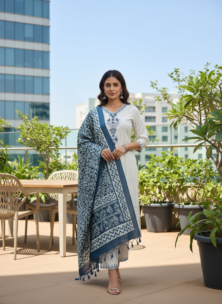 Elegant Off White & Blue Printed 3 Piece Kurta Set for Women – Straight Fit Kurta with Pant & Tassel Dupatta | Festive, Office & Casual Ethnic Wear
