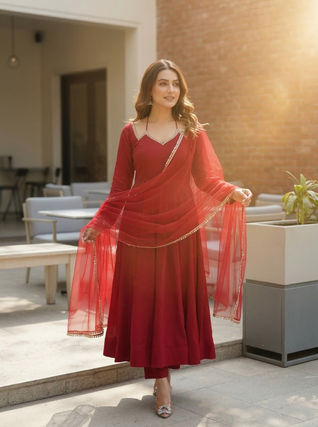 Anarkali Kurta Set with Net Dupatta | Roman Silk Chanderi Festive Wear for Women