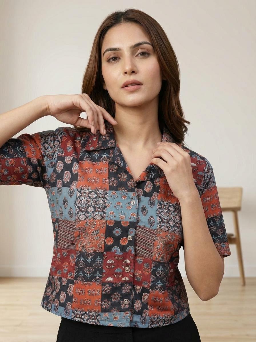 Women’s Multicolor Patchwork Printed Kurti – Short Sleeve Casual Ethnic Top