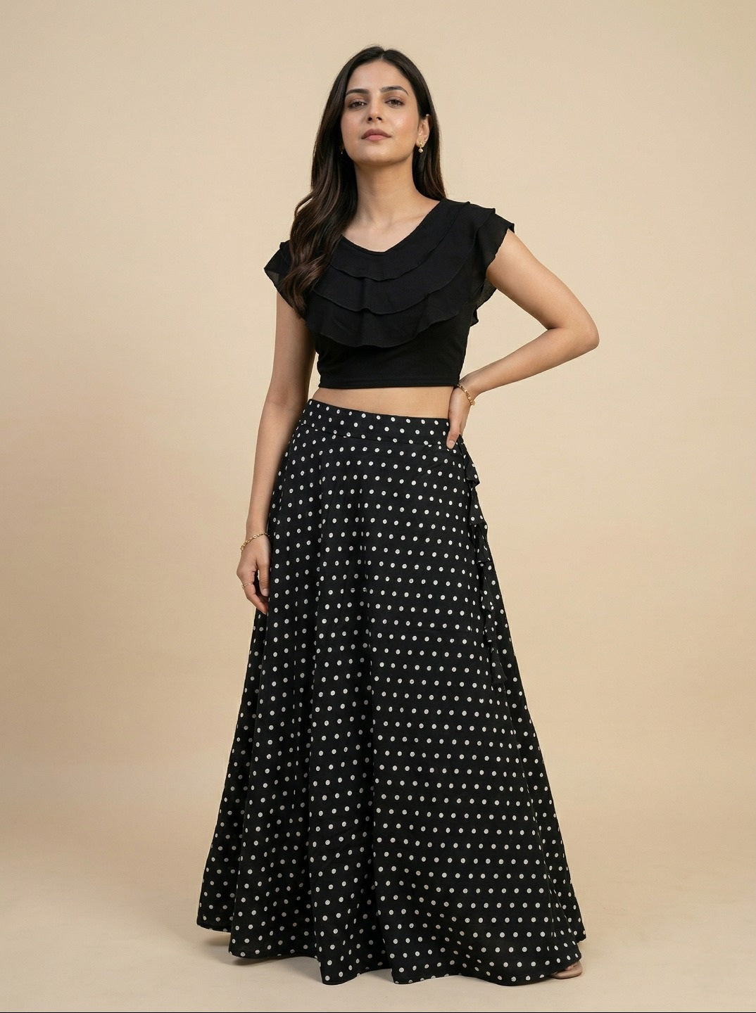 Black Crop Top & Skirt Set for Women | Lycra Crop Top with American Crepe Skirt Party Wear Co-Ord Set