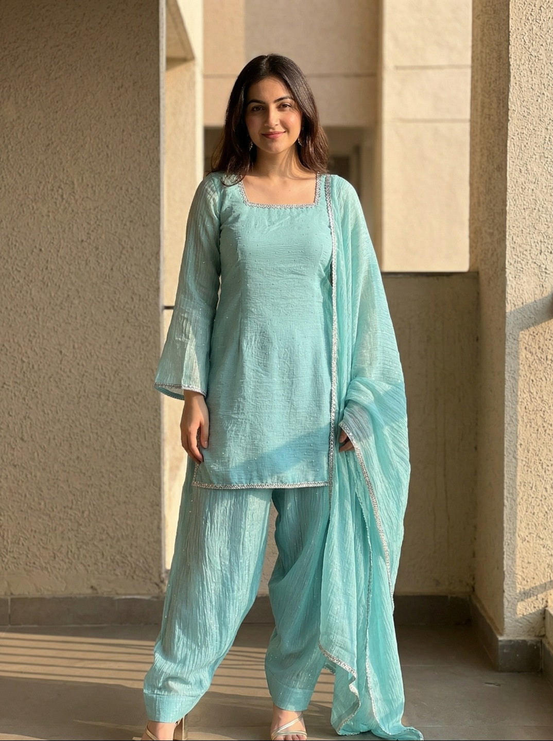 Women Crunchy Silk Kurta Set with Farshi Salwar & Dupatta | Sirovski Work Ethnic Suit