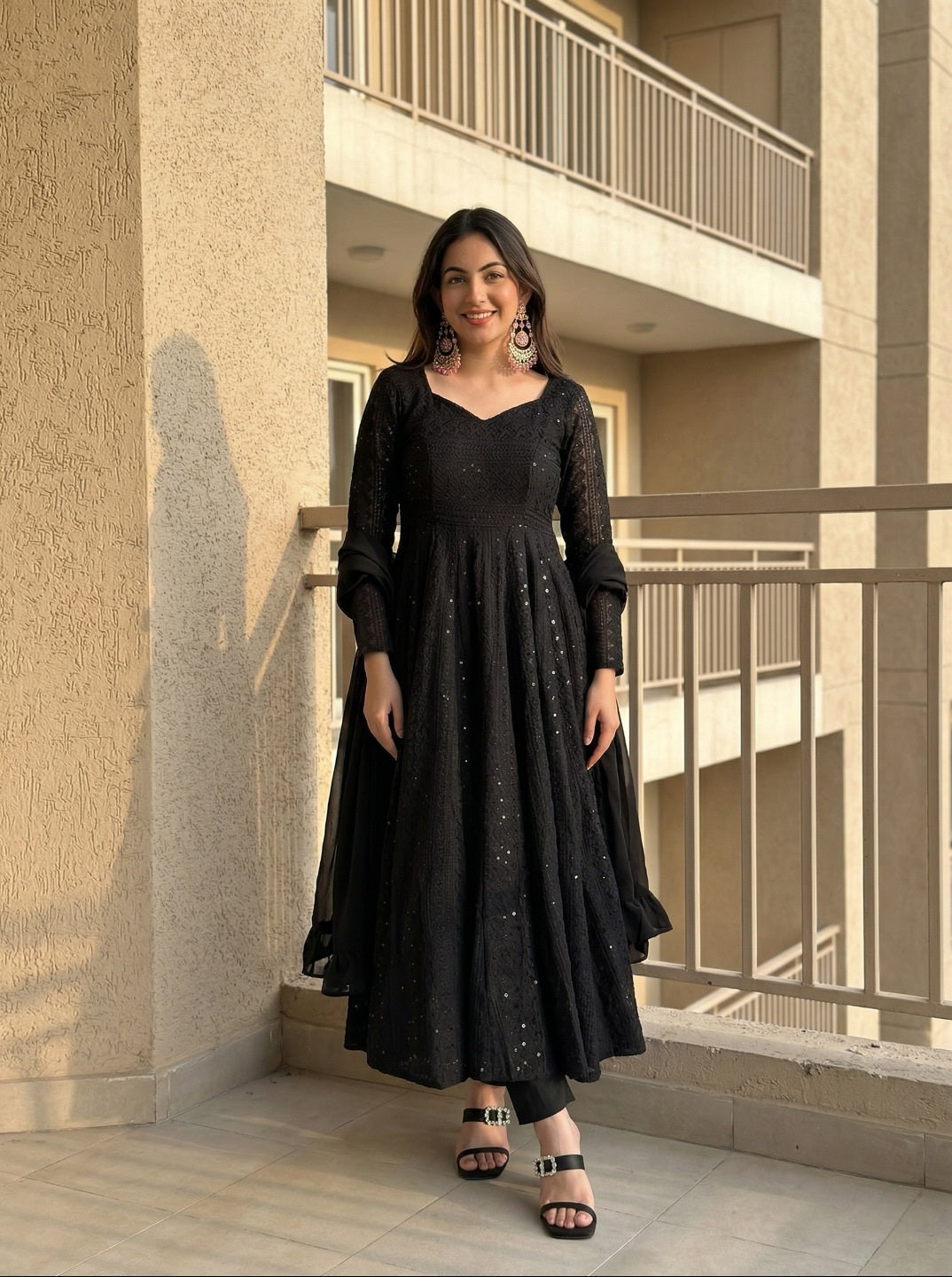 Lucknowi Georgette Anarkali Suit Set with Dupatta | Heavy Sequence Work Ethnic Wear for Women