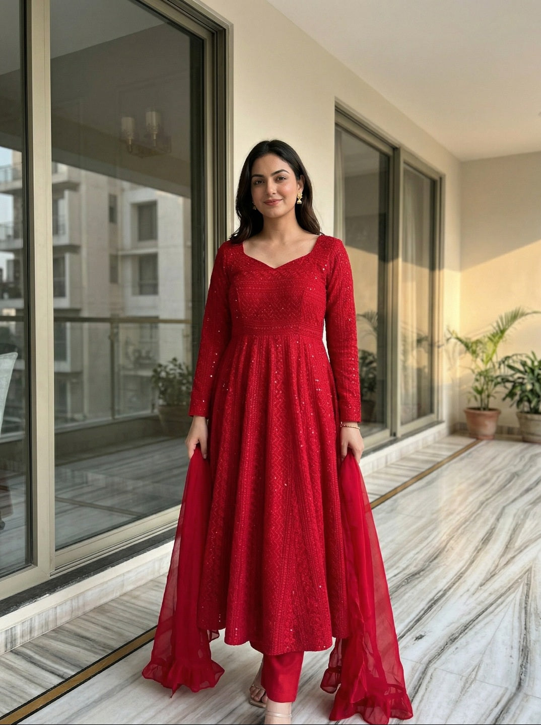 Lucknowi Georgette Anarkali Suit Set with Dupatta | Festive & Wedding Wear for Women